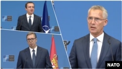 Premijer Kosova Albin Kurti, predsednik Srbije Aleksandar Vučić i generalni sekretar NATO-a Jens Stoltenberg tokom obraćanja u Briselu (Foto: NATO)