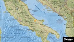 Mapa de Italia que muestra la región central del país que fue estremecida por un terremoto de magnitud 5,2 el jueves 16 de agosto de 2017. : Imagen: @AccuWeather.
