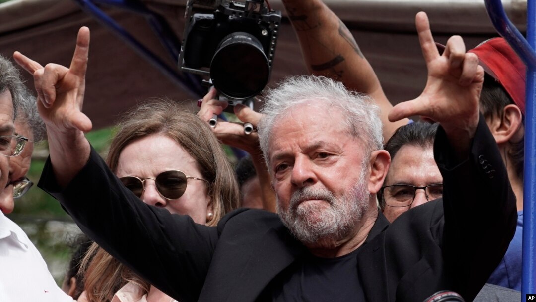 Former Brazilian President Luiz Inacio Lula da Silva acknowledges supporters during a rally at the Metal Workers Union headquarters, in Sao Bernardo do Campo, Brazil, Nov. 9, 2019. 