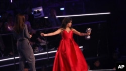 Singer Camila Cabello accepts the Best Artist award during the European MTV Awards in Bilbao, Spain, Sunday, Nov. 4, 2018. 
