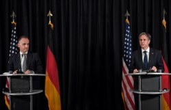 U.S. Secretary of State Antony Blinken and German Foreign Minister Heiko Maas address a joint news conference following a meeting at Ramstein Air Base, in Ramstein, Germany, Sept. 8, 2021.