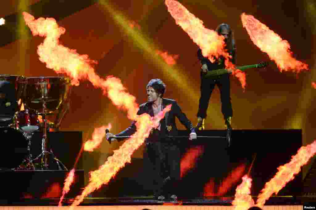 Albania&#39;s Adrian Lulgjuraj &amp; Bledar Sejko perform during dress rehearsals for the second semi-final at the 2013 Eurovision Song Contest at the Malmo Opera Hall in Malmo, Sweden. The finals of the contest will be held on May 18.