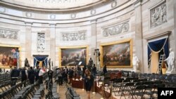 The US Capitol Rotunda is prepared for the inauguration of US President-elect Donald Trump, in Washington, DC, on January 18, 2025.