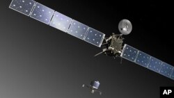 Ilustración de Rosetta, la nave de la Agencia Espacial Europea, en el momento de desplegar la sonda Philae.