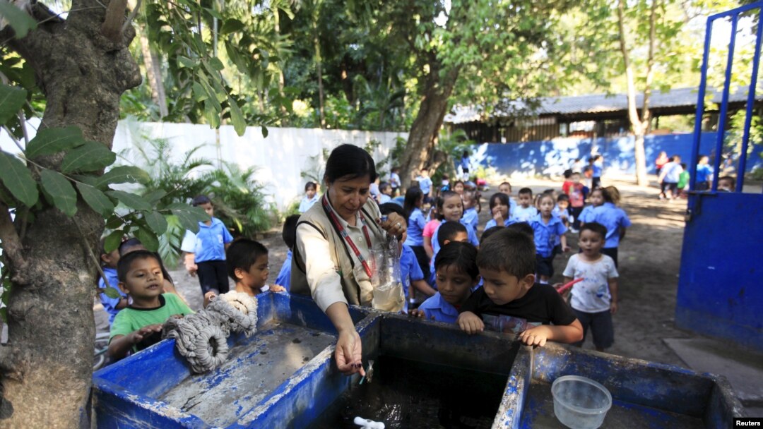 Health promoter Marielos Sosa deposits fishes in a water tank at a local school for a mosquito control project at San Diego village in La Libertad, El Salvador, Feb. 1, 2016. Sosa and a group of young volunteers developed a project which they say uses Sambo fish in water tanks and deposits to prevent the breeding of mosquitoes that transmit zika, dengue and chikungunya. 