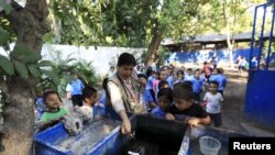 Health promoter Marielos Sosa deposits fishes in a water tank at a local school for a mosquito control project at San Diego village in La Libertad, El Salvador, Feb. 1, 2016. Sosa and a group of young volunteers developed a project which they say uses Sambo fish in water tanks and deposits to prevent the breeding of mosquitoes that transmit zika, dengue and chikungunya. 