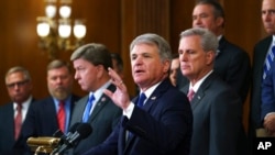 Rep. Michael McCaul, R-Texas, ranking member of the House Foreign Affairs Committee, center, speaks on the close of the war in Afghanistan, at the Capitol in Washington, Aug. 31, 2021. 