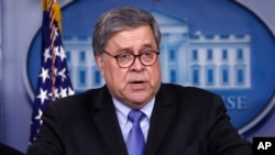 Attorney General William Barr speaks about the coronavirus in the James Brady Briefing Room, March 23, 2020, in Washington. 