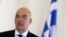 FILE - Greek Foreign Minister Nikos Dendias speaks during a news conference at the Foreign Ministry in Athens, Greece, Oct. 26, 2020.
