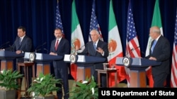 U.S. Secretary of State Rex Tillerson at a press conference with U.S. Secretary of Homeland Security John F. Kelly and Foreign Secretary Luis Videgaray Caso and Secretary of Government Miguel Angel Osorio Chong.