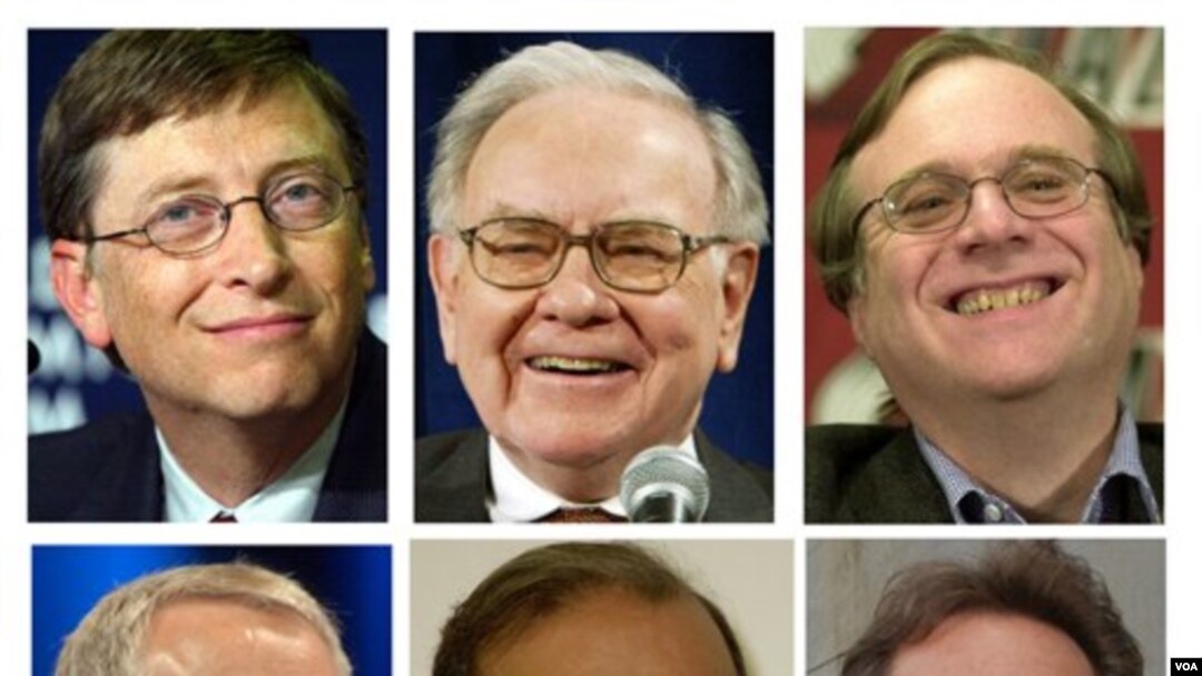 Para bilyuner AS, antara lain, atas dari kiri: Bill Gates, Warren Buffett, dan Paul Allen. Gambar bawah, dari kiri: Robson Walton, Carlos Slim Helu, dan Lawrence Ellison.