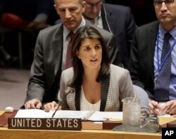 FILE-In this Nov. 26, 2018 file photo, United States Ambassador to the United Nations Nikki Haley speaks during a security council meeting at United Nations headquarters.