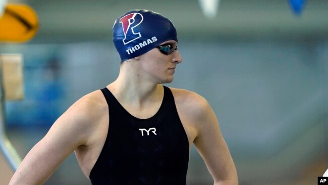 FILE - Transgendered athlete Lia Thomas of the University of Pennsylvania at the NCAA Swimming and Diving Championships, March 17, 2022, in Atlanta. Under FINA's rule, Thomas is not eligible to compete in international event. (AP Photo/John Bazemore)