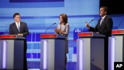 Pré-candidatos presidenciais, Mitt Romney, Michele Bachmann, y Tim Pawlenty, em Iowa