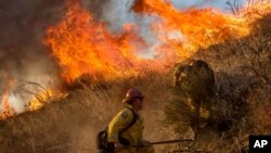 Bomberos batallan contra un incendio en Cajon Boulevard, en Keenbrook, California, el miércoles, 17 de agosto de 2016.