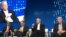 From left, Raj Shah of Defense Innovation Unit, moderator David Sanger of the New York Times, Eric Schmidt of Alphabet, and Norton Schwartz of Business Executives for National Security at the Milken Global Conference in Beverly Hills, California, May 1, 2017. (E.Lee/VOA) 