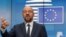 European Council President Charles Michel gestures as he speaks at a video press conference in Brussels, Belgium, Aug. 19, 2020.