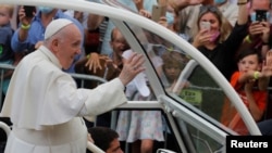 Pope Francis arrives to attend a meeting with the youth at the Lokomotiva stadium in Kosice, Slovakia, Sept. 14, 2021.