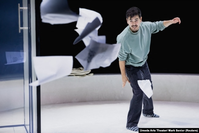 Actor Mark Takeshi Ota performs in the production of "One Small Step", a play by Takuya Kato in London, Britain, September 27, 2024. (Umeda Arts Theater/ Mark Senior/Handout via REUTERS)