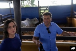Ney Pereira and his daughter, veterinarian Lorrany Martins, give an interview inside a stable at his farm in Uberaba, Minas Gerais state, Brazil, Friday, April 26, 2024. (AP Photo/Silvia Izquierdo)