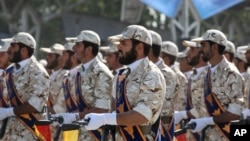 Iran's Revolutionary Guard march in front of the mausoleum of the late Iranian revolutionary founder Ayatollah Khomeini, just outside Tehran, Iran. (File)