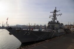 U.S. missile destroyer USS Donald Cook is docked in the Ukrainian Black Sea port of Odessa, Feb. 25, 2019.