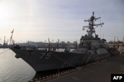 U.S. missile destroyer USS Donald Cook is docked in the Ukrainian Black Sea port of Odessa, Feb. 25, 2019.