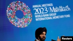 FILE - World Bank President Ajay Banga speaks on the second day of the annual meeting of the International Monetary Fund and the World Bank, following last month's deadly earthquake, in Marrakech, Morocco, October 10, 2023.