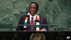 FILE - Zimbabwe's President Emmerson Mnangagwa addresses the 73rd session of the United Nations General Assembly at the United Nations headquarters, Sept. 26, 2018.