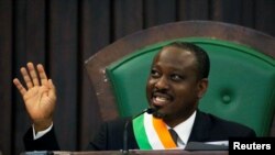 FILE - Ivory Coast parliament speaker Guillaume Soro speaks at the National Assembly in Abidjan, Feb. 8, 2019. 