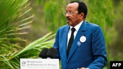 FILE - Cameroon President Paul Biya speaks at a ceremony marking the 80th anniversary of the Allied landings in Provence during World War II, at the Boulouris National Cemetery in Boulouris-sur-Mer, France, on Aug. 15, 2024. 