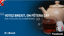 A slogan in support of Britain's exit from the EU is seen in an image from the French National Front-Youth Wing's Facebook page. The slogan reads "Vote for Brexit and we will handle the champagne."