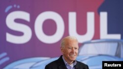 FILE - Democratic U.S. presidential nominee and former Vice President Joe Biden speaks at the Get Out The Vote event in Cleveland, Ohio, U.S., Nov. 2, 2020. 