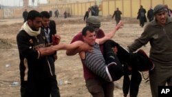 Một người bị thương trong cuộc xô xát được những người biểu tình mang đi. Cuộc biểu tình diễn ra ở Fallujah cách thủ đô Baghdad 65 km về hướng tây, 25/1/13