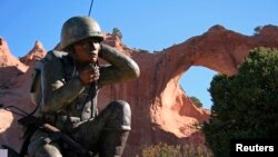 The Navajo Code Talkers monument at Window Rock, Arizona, May 29, 2007. The group of Native America Marine Corps veterans are credited with playing a key role in the Pacific campaign in World War II.