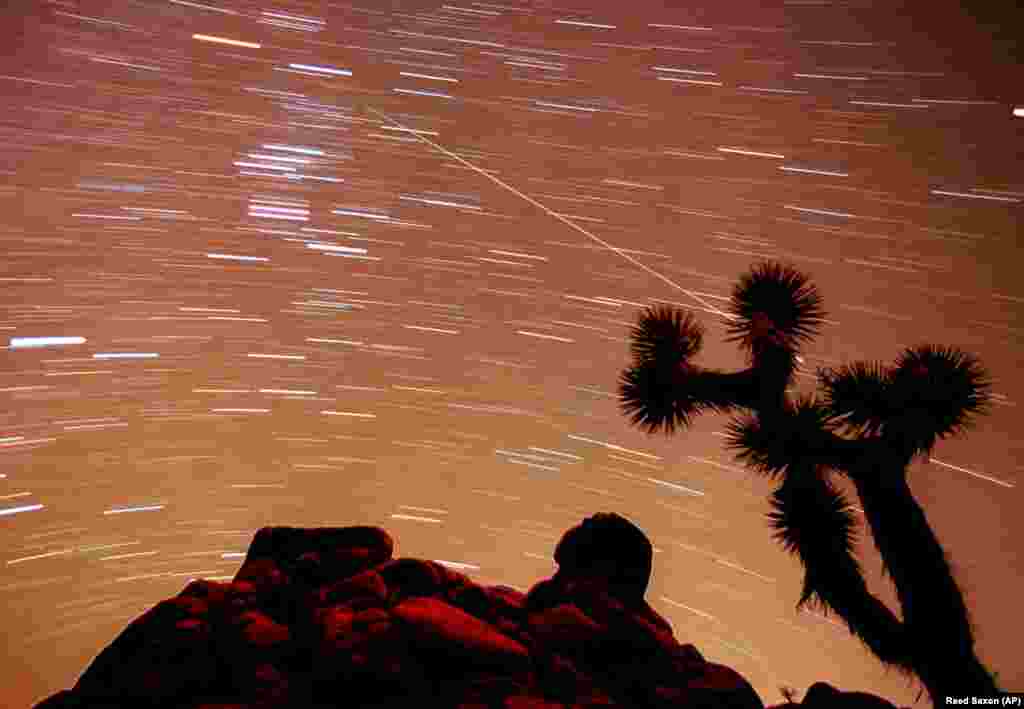 A meteor streaks through the sky over Joshua trees and rocks at Joshua Tree National Park in Southern California&#39;s Mojave Desert in this 30-minute time exposure from 1998.