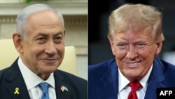 This combination of pictures created on Nov. 7, 2024 shows Israeli Prime Minister Benjamin Netanyahu in Washington, on July 25, 2024, and Donald Trump in Flint, Michigan, on Sept. 17, 2024.