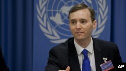 Dr. Tomicah Tillemann at a press briefing at the United Nations in Geneva.