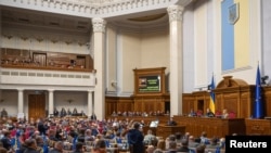 Ukraine's President Zelenskiy addresses lawmakers during a parliament session in Kyiv