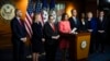 House Speaker Nancy Pelosi, center, announces the impeachment managers, from left, Reps. Hakeem Jeffries, Sylvia Garcia, Jerrold Nadler, Adam Schiff, Val Demings, Zoe Lofgren and Jason Crow, on Capitol Hill in Washington, Jan. 15. 2020.