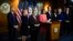 House Speaker Nancy Pelosi, center, announces the impeachment managers, from left, Reps. Hakeem Jeffries, Sylvia Garcia, Jerrold Nadler, Adam Schiff, Val Demings, Zoe Lofgren and Jason Crow, on Capitol Hill in Washington, Jan. 15. 2020.
