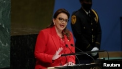 FILE - Honduras President Xiomara Castro addresses the 77th Session of the United Nations General Assembly at U.N. headquarters in New York, Sept. 20, 2022.