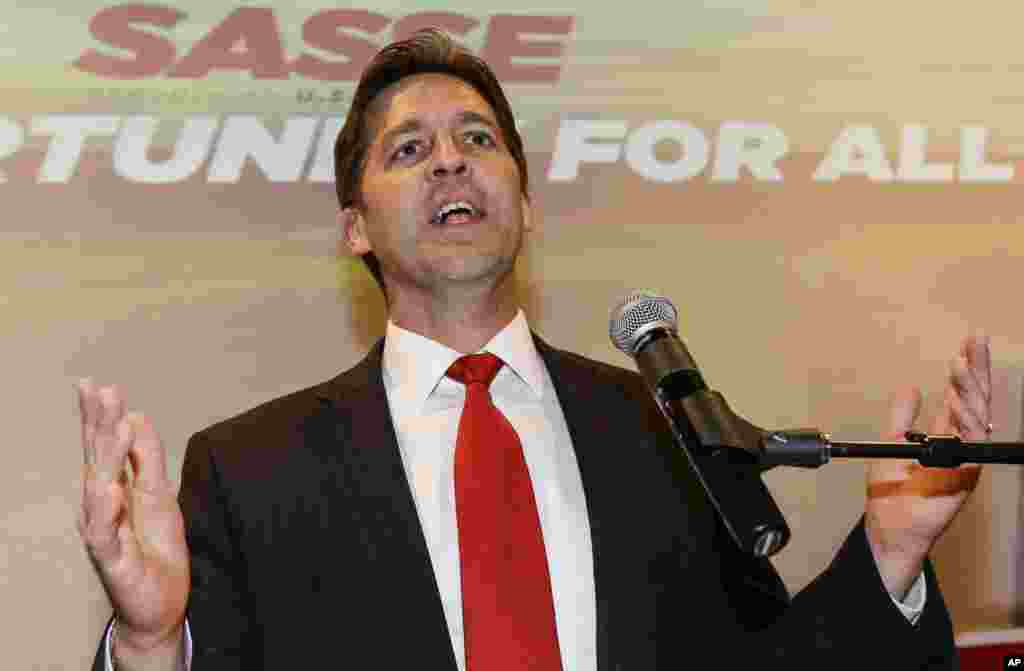 Republican Senator-elect Ben Sasse addresses supporters in Lincoln, Neb., Nov. 4, 2014, after winning the vote for the Nebraska senate seat of retiring Sen. Mike Johanns, R-Neb. Sasse was running against Democrat Dave Domina. 