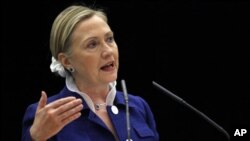 Secretary of State Hillary Clinton speaks at the Community of Democracies ministerial conference in Vilnius, Lithuania, July 1, 2011