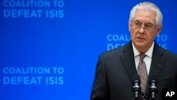 FILE - Secretary of State Rex Tillerson speaks at the Meeting of the Ministers of the Global Coalition on the Defeat of ISIS, March 22, 2017, at the State Department in Washington.