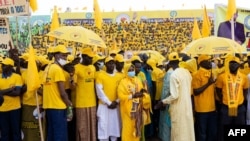 FILE—Thousands of Chadians attend the meeting of Mahamat Idriss Deby Itno, transitional president and candidate for the presidential election in Chad, in the stadium under construction in the Dombao district, in Moundou, on April 25, 2024.