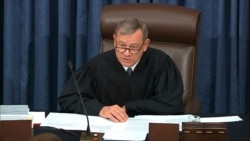 In this image from video, presiding officer Chief Justice of the United States John Roberts speaks during the impeachment trial against President Donald Trump in the Senate at the U.S. Capitol in Washington, Jan. 28, 2020.