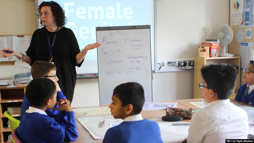 Primary school children learn about female genital mutilation at Norbury School, Harrow, in London, April 25, 2018. 