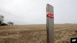 FILE - A stake in the ground wrapped with tape marks the route of the Keystone XL pipeline in Tilden, Nebraska, March 2014.