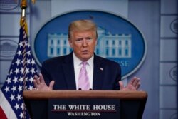 FILE - President Donald Trump speaks during a coronavirus task force briefing at the White House, April 10, 2020, in Washington.